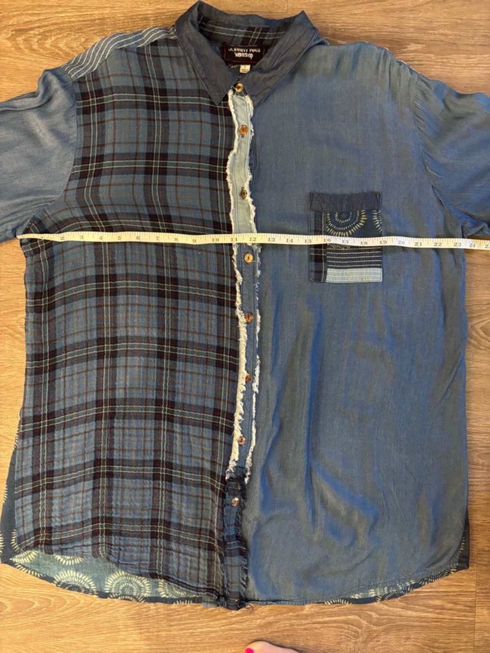 Johnny Was Workshop Blue Patchwork Denim & Plaid Button-Down - Picture 9 of 15